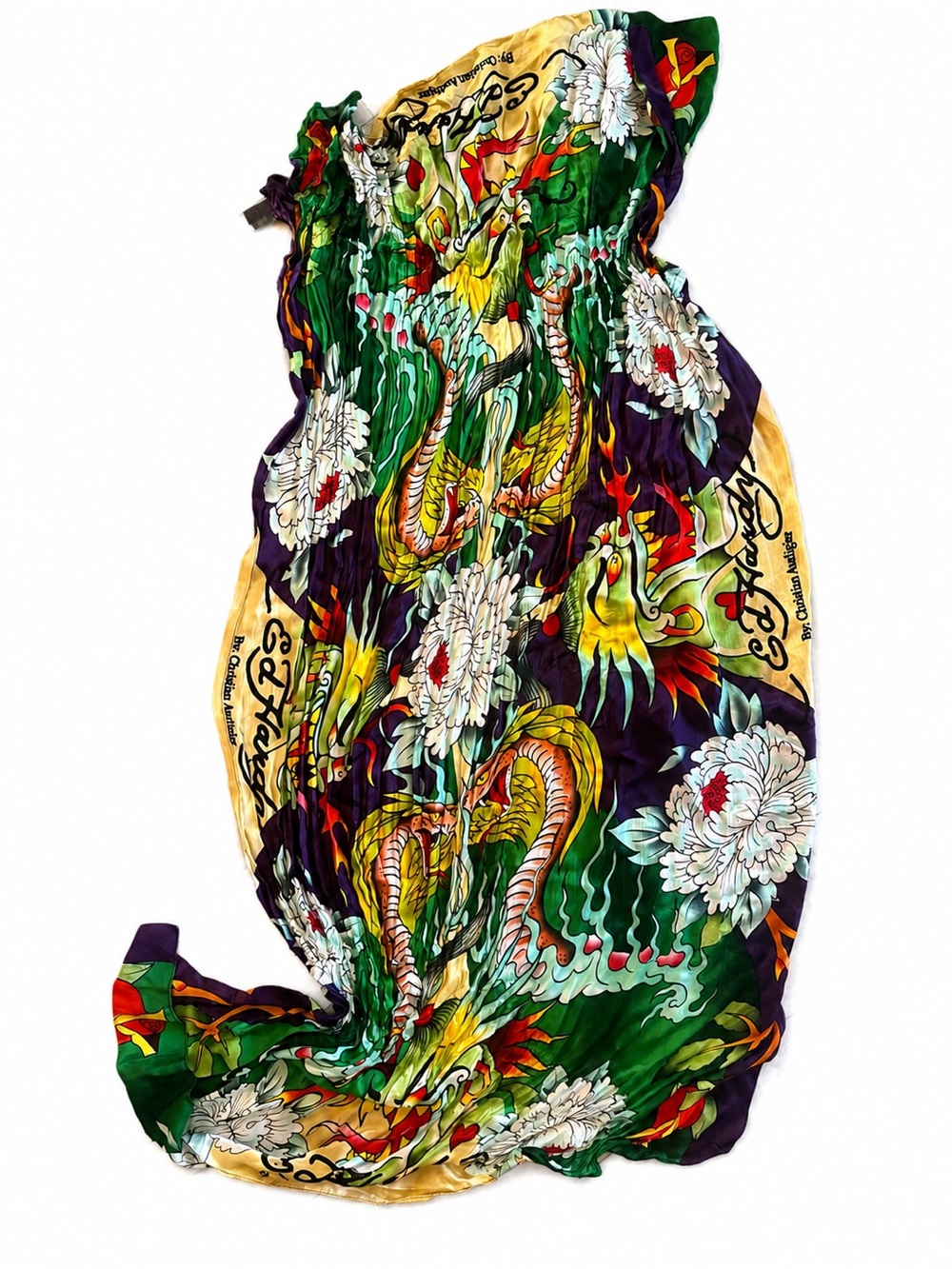 Ed Hardy Vibrant Dragon Floral Scarf/Wrap - Green/Yellow/Purple